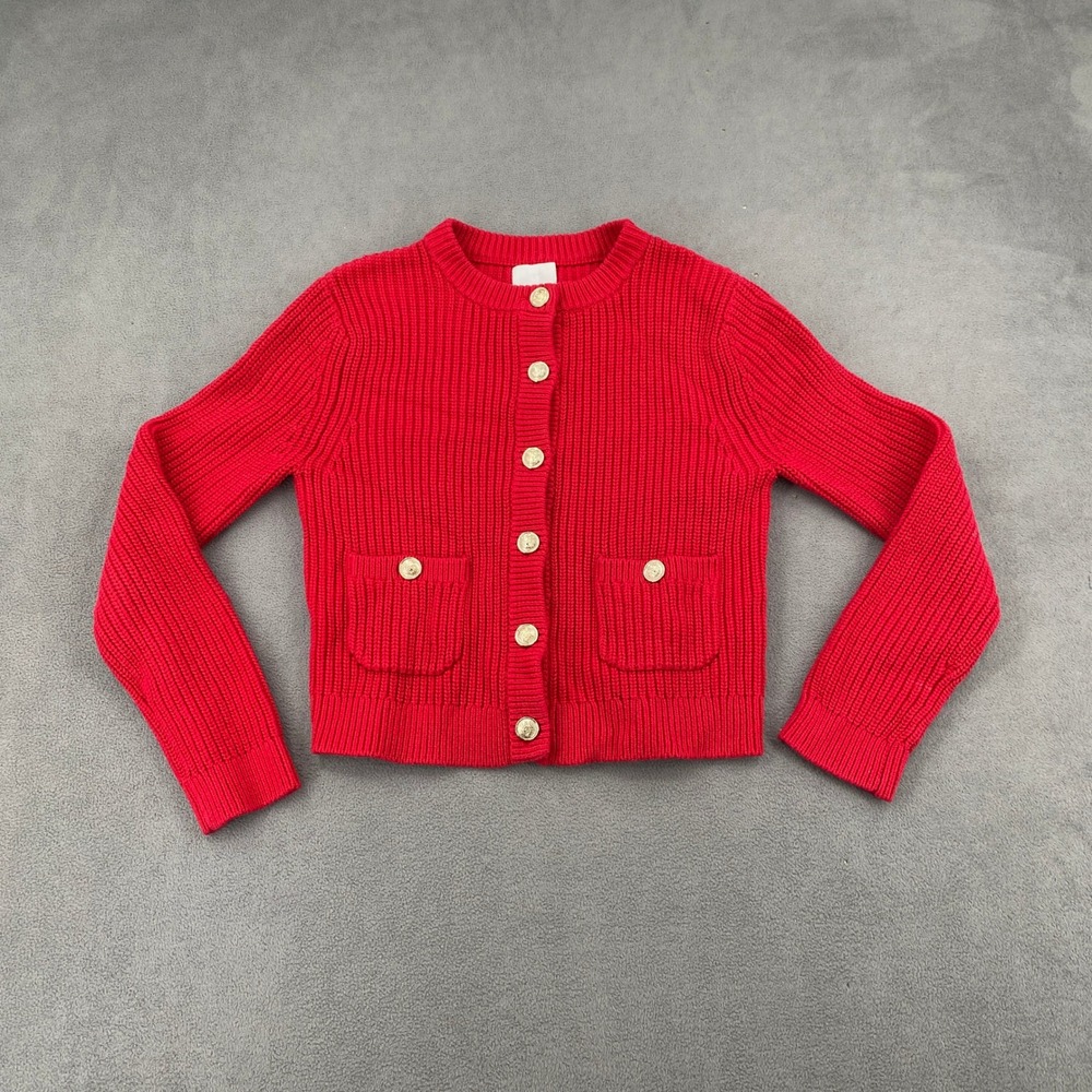 H&M Red Ribbed Knit Cardigan Gold Crest Buttons Cropped Sweater Womens XS